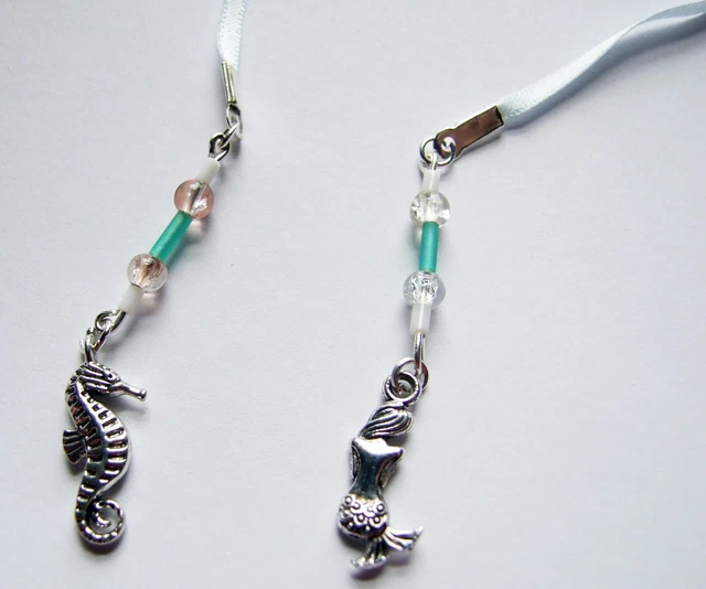 Mermaid and Seahorse Silver Charms and Beads Ribbon Bookmark Book Thong