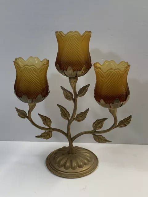 Vintage Hollywood Regency Style Candle Holders Amber Glass Faroy Votive Tulips