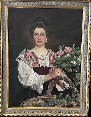 Antique Painting Signed A. Lemmi Beautiful Elegant Italian Maiden With Flowers