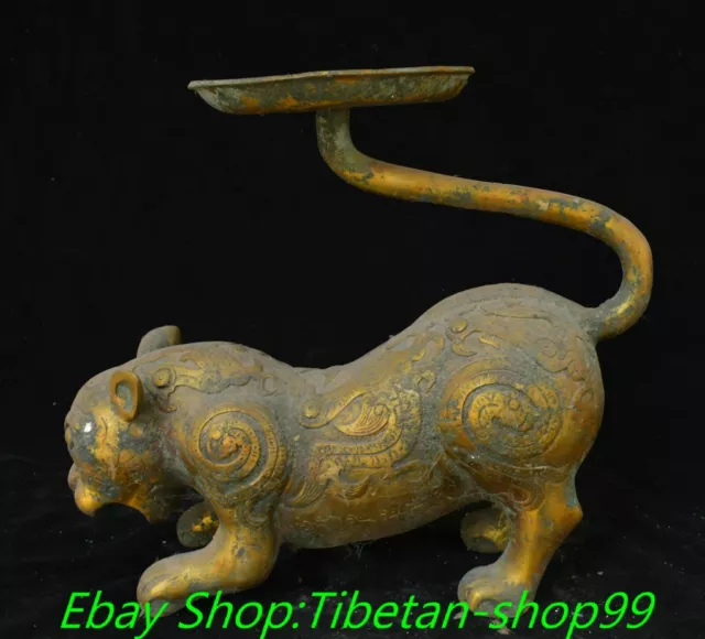 13'' Old Chinese Bronze Ware Gilt Dynasty Tiger Beast Candle Holder Candlestick