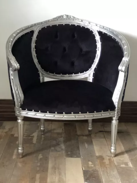 Large Silver Leaf Black French Ornate Statement Throne Tub Arm Chair Loveseat