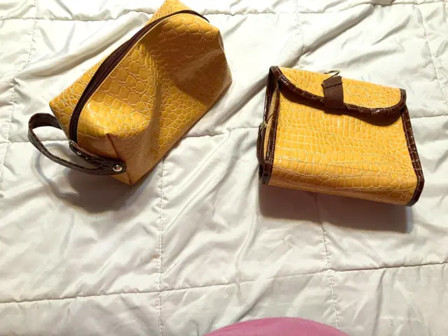 2 Samantha Brown Yellow Brown Croc Embossed Travel Accessory Bags