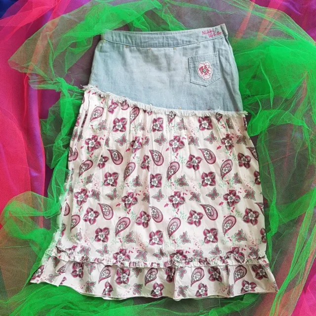 NIKKI WEBSTER Girls Denim Cotton Y2K Ruffle Trim Paisley Floral Print Skirt 10