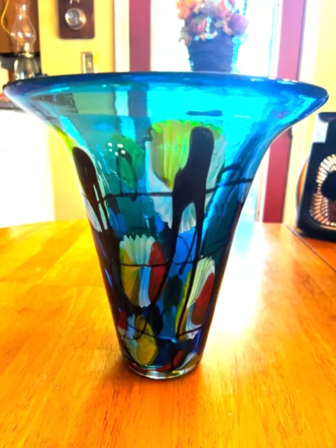 Dale Tiffany Imagination Hand Blown Art Glass 9.5X9.75" Trumpet Blue Art Vase