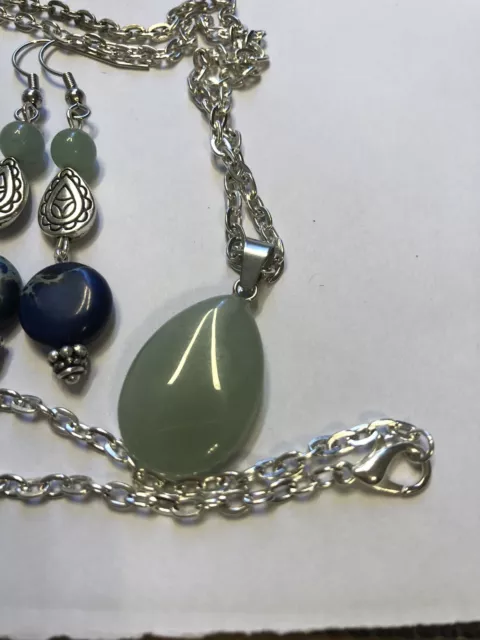 Natural Green Aventurine Teardrop Pendant Silver Chain Necklace Earrings Set 22” 3