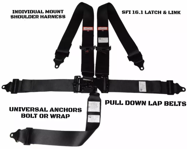 Kart Racing Harness  Sfi 16.1  Latch & Link Roll Bar Mount Belt 5 Point  Black