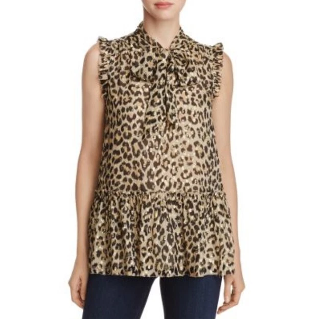 Kate Spade Leopard Print Tie-Neck Silk Top Classic Camel Size Large