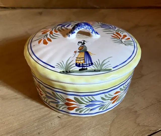 HB Quimper Pottery: Breton Woman Jam Jar 2.5” Tall.