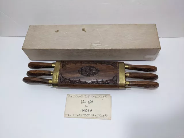 Vintage Unique Ornate Hand Carved Wood and Brass INDIA 6 pc Knife Set with Block