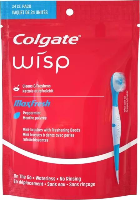 Colgate Max Fresh Wisp Disposable Mini Toothbrush, Peppermint - 24 Count (1 Pack 2