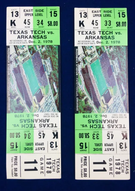 (2) Unused Full 1972 Arkansas Razorbacks Texas Tech Football Tickets Vintage