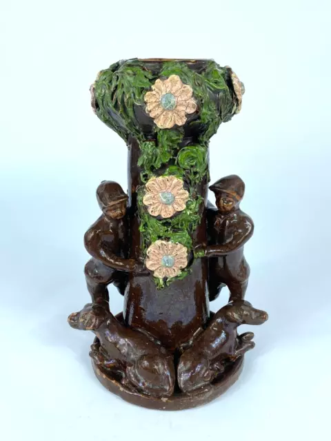 Antike Keramik Vase Jugendstil Hunde Jungen Floral Majolika Glasiert Art Déco 2