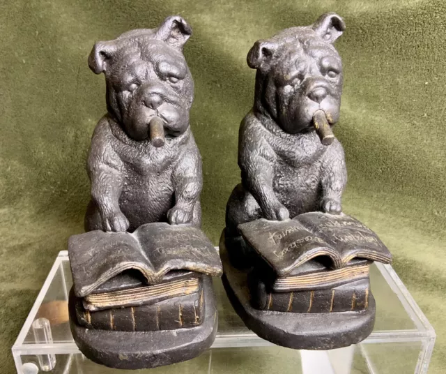 Fantastic Pair Of Cast Iron English Bulldogs Reading Books And Smoking Cigars