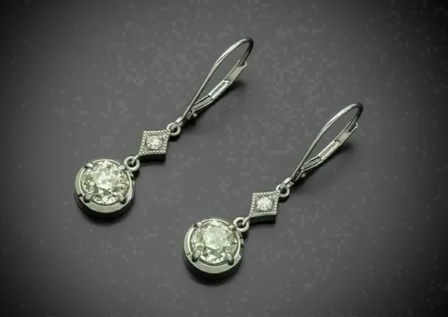 Art Deco Style Diamond Drop Dangle Engagement Wedding 14k White Gold FN Earrings
