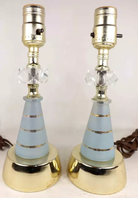 Pair Vtg 1950s Mid Century Small Table Lamps Frosted Light Blue Gold Crystal MCM