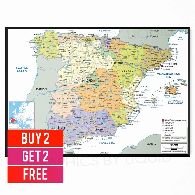 MAP OF SPAIN And Portugal Educational Wall Chart Poster Print - A5 A4