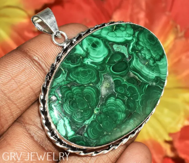 Natural Malachite Gemstone Ethnic Pendant 925 Sterling Silver Plated FP-31