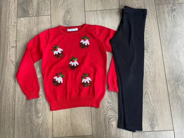 Girls Red M&S  Christmas Jumper And Black Leggings Age 6-7 Years