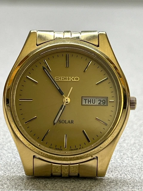 SEIKO SOLAR MENS Watch V158-0AA0 Gold Tone Case & Band $89.99