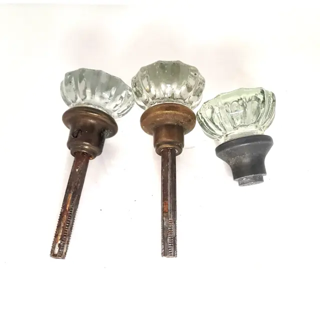 Crystal Glass Door Knobs Brass Salvaged Vintage Replacement Part Lot of 3 Pcs