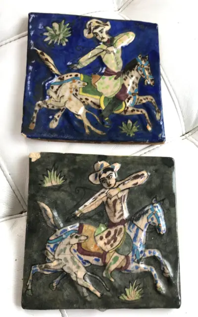 PAIR OF 19TH CENTURY MIDDLE EASTERN QAJAR POTTERY TILES 20x20 cm