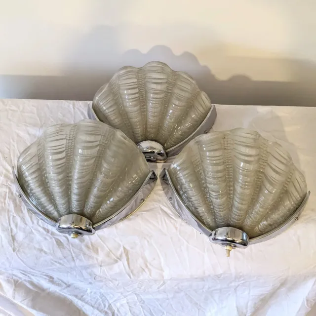 Set of 3 Original Art Deco Clam Shell Wall lights Glass Chrome 1930s Odeon Pair