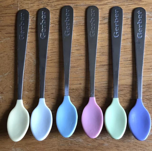 Lot of 6 Gerber Vintage Infant Baby Spoons Green White Pink Blue Soft Tips Bite