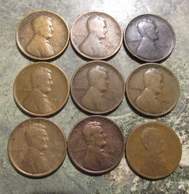 Lot of 9 1910 Lincoln Wheat Pennies