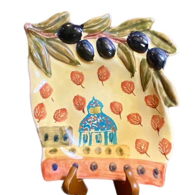 Italian Tuscany Style Art Pottery Bowl with Olives and Leaves Hand Painted