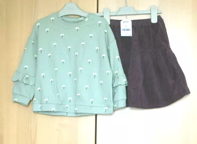 Next Girls Green Jumper Top & Purple Rib Cord Tiered Skirt Age 2-3 Years BNWT