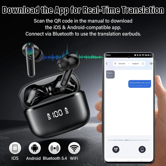 AI Übersetzer Kopfhörer Bluetooth 5.4 - Echtzeit Übersetzung 164 Sprachen Ohrhörer Schwarz