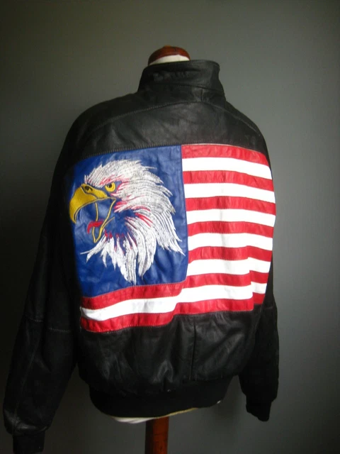 GIACCA PELLE USA bandiera biker XL 44 46 aquila americana impreziosita MADE US