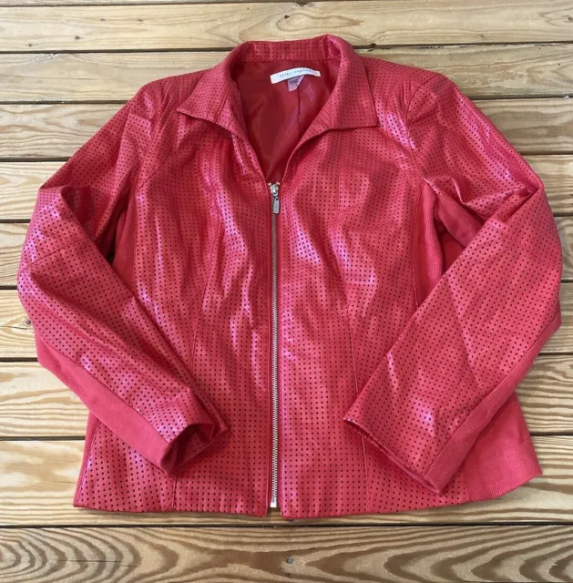 Peter Nygard Women’s Faux leather Perforated full zip Jacket size L Red Ai