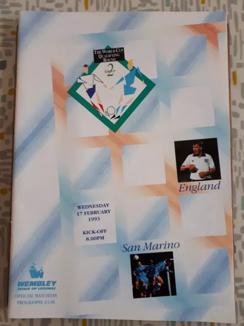 England v San Marino Programme - World Cup Qualifying Group 2 - 17th Feb 1993
