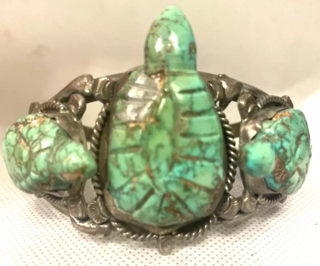 T J RAUNA? NAVAJO ZUNI 4K Harvey era OLD PAWN SILVER turtle TURQUOISE CUFF