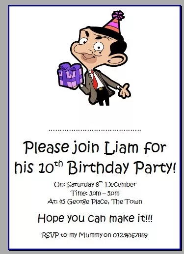 personalised paper card party invites invitations BIRTHDAY PARTY MR BEAN #2