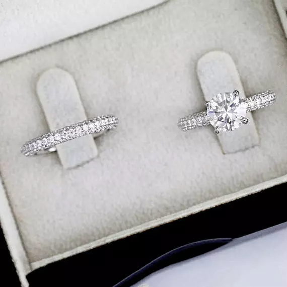 Round High Simulated Diamond Studded Shank Bridal Ring Set 14k White Gold Silver
