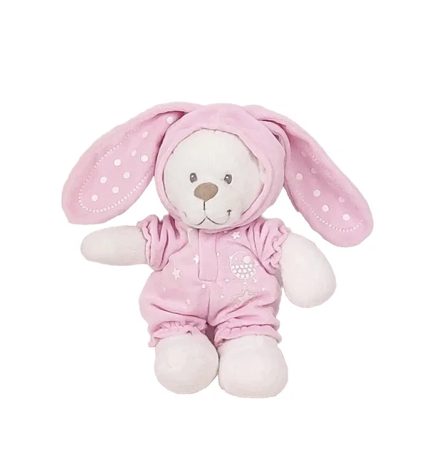 Doudou peluche ours blanc déguisé en lapin salopette rose pois blanc Nicotoy