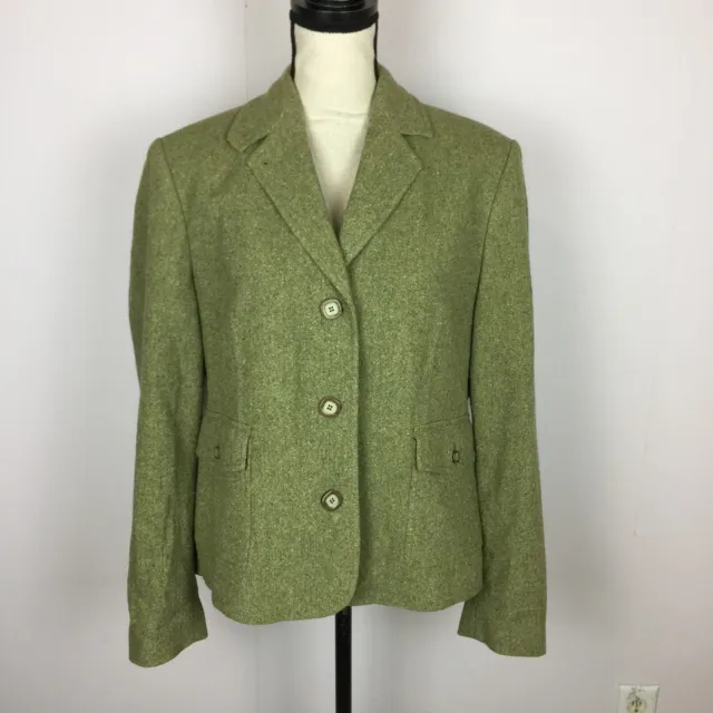 LL Bean Blazer Jacket Size LP Womans Petite Green Wool Silk Blend Long Sleeve