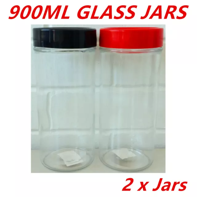 2 x 900ML Screw Top Glass Storage Jar Jars Plastic Window Lid Cookie Kitchen DDD