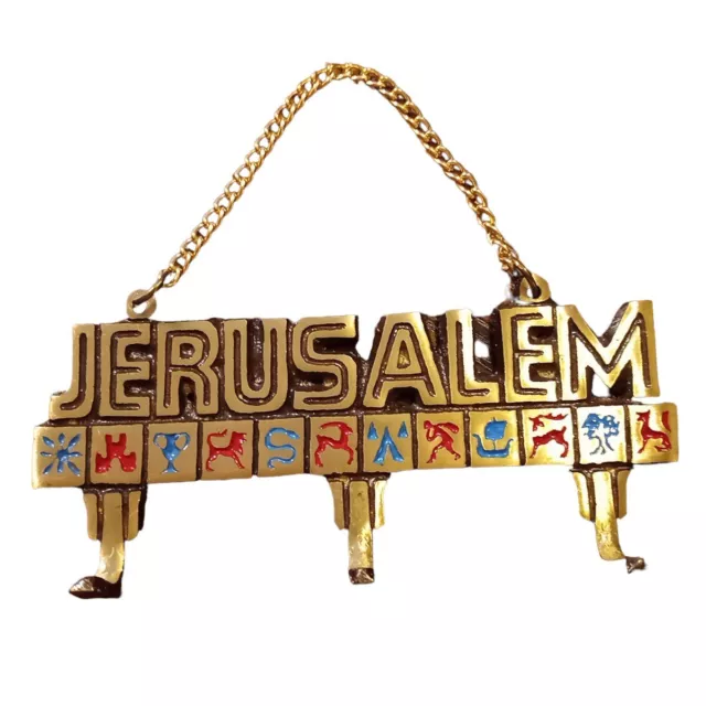 Vintage Solid 12 Tribes Jerusalem Small 3 Hook Key Holder 4.5"L Blue Red Gold