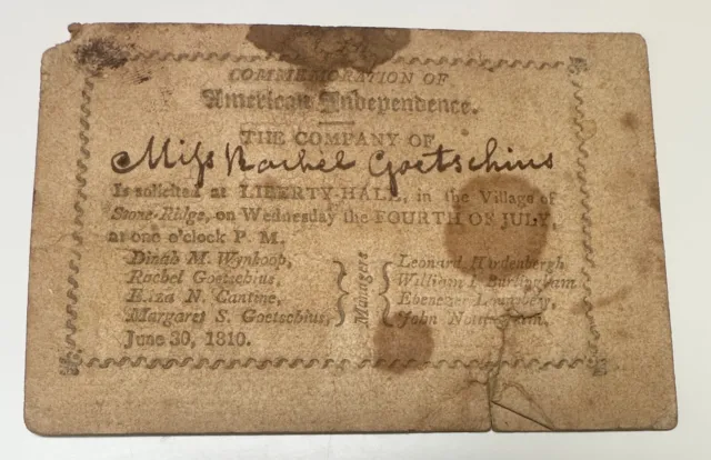 1810 ticket to celebrate AMERICAN INDEPENDENCE in STONE RIDGE NY