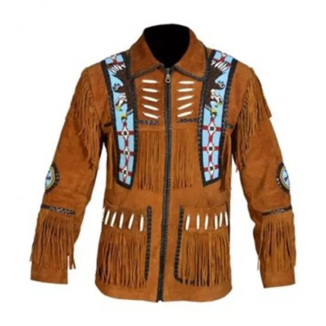 Men Native American Western Cowboy Leather Suede Jacket Eagle Fringes Beads- Zip