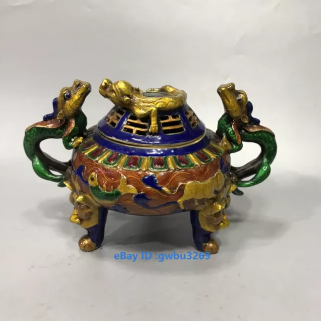 Chinese Old Cloisonne Brass Hand-carved Dragon Incense burner  23023
