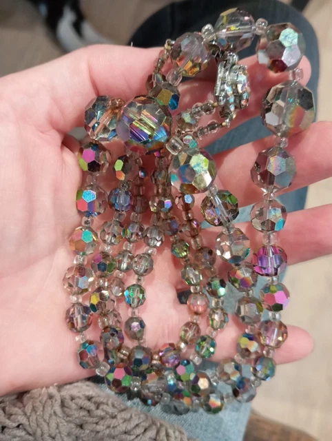 Collier Ancien Double Rang Perles Facettées Cristal Aurore Boréale Rose - État Parfait
