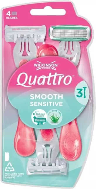 WILKINSON SWORD - Quattro For Women | SMOOTH Sensitive | 3 x Disposable Razors.