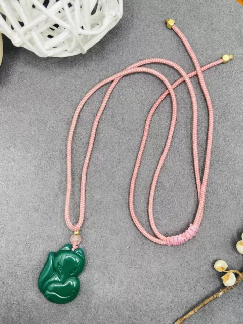 Jade Clever Fox Charm Pendant Necklace W/ Beads Cord Handmade Carved Gemstone 3