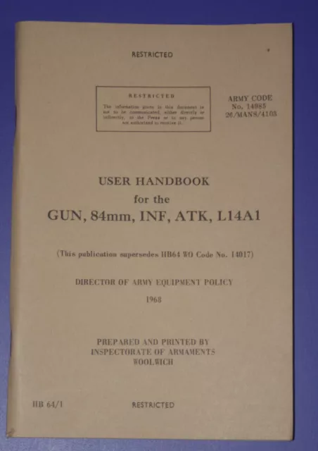ARMY USER HANDBOOK FOR THE GUN 84mm INF ATK LI4A1 CARL GUSTAV 1964 - DD005