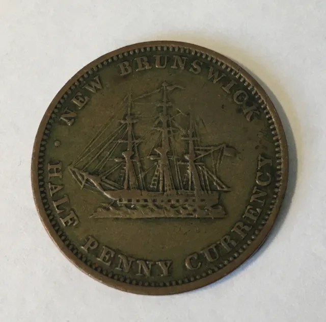 1854 New Brunswick Canada Victoria / Ship Colonial Half 1/2 Penny Currency Token