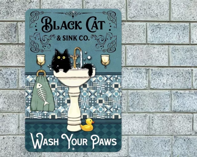 Wash Your Paws Black Cat Sign Aluminum Metal 8"x12" Funny Rustic Bathroom